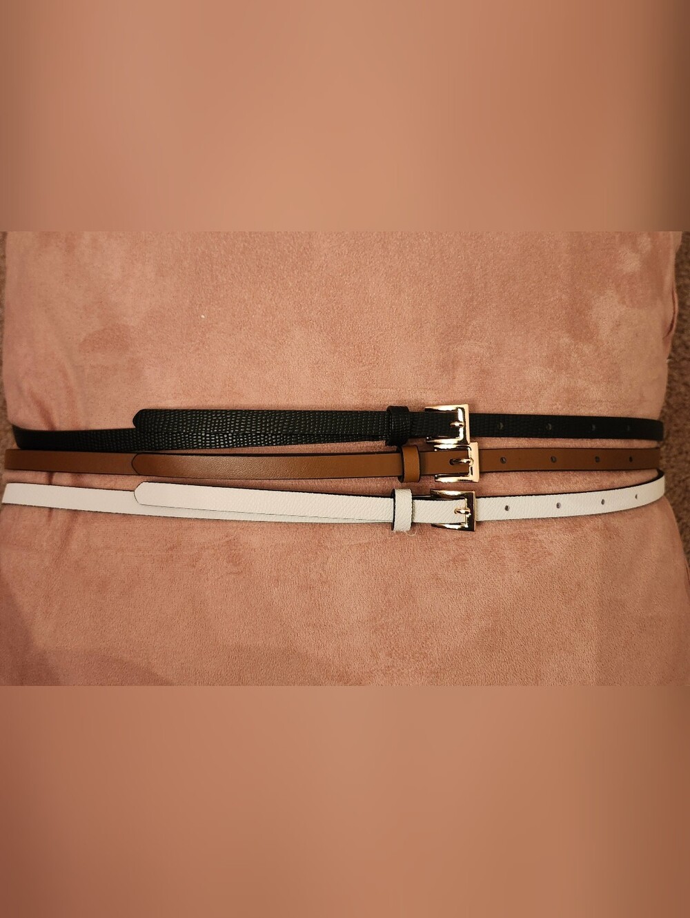 Multiple Skinny Leatherette Belts- Black, Brown, White